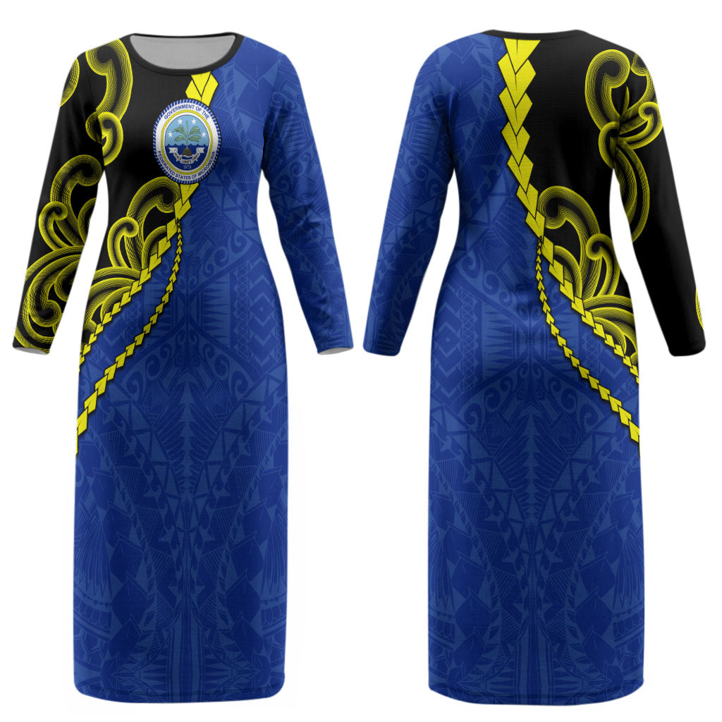 Federated States Of Micronesia FSM Couples Matching Long Sleeve Bodycon Dress and Long Sleeve Button Shirt Pacific Islander Tribal Swirl Geometric Pattern