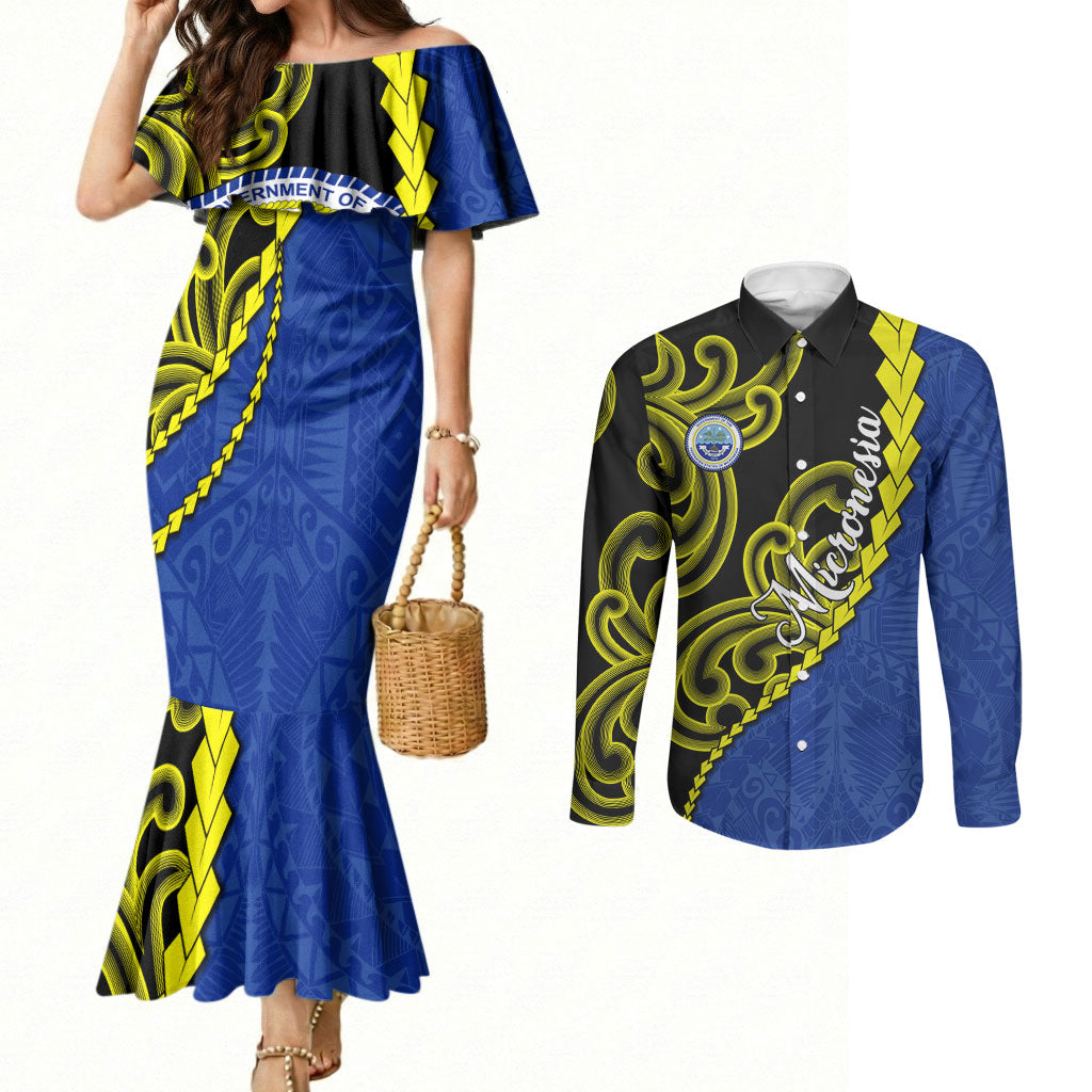 Federated States Of Micronesia FSM Couples Matching Mermaid Dress and Long Sleeve Button Shirt Pacific Islander Tribal Swirl Geometric Pattern