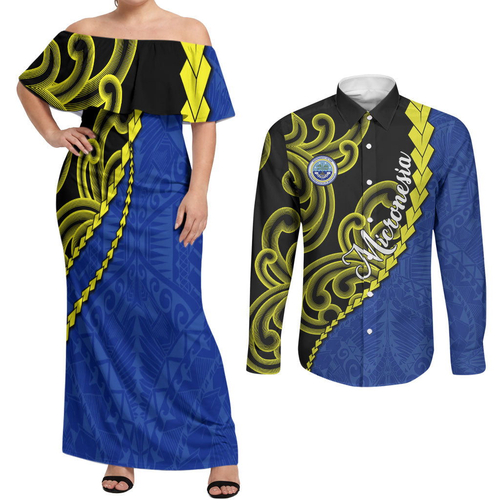 Federated States Of Micronesia FSM Couples Matching Off Shoulder Maxi Dress and Long Sleeve Button Shirt Pacific Islander Tribal Swirl Geometric Pattern