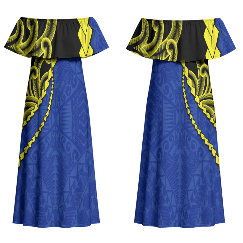 Federated States Of Micronesia FSM Couples Matching Off Shoulder Maxi Dress and Long Sleeve Button Shirt Pacific Islander Tribal Swirl Geometric Pattern