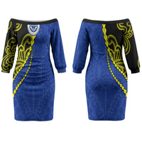 Federated States Of Micronesia FSM Couples Matching Off The Shoulder Long Sleeve Dress and Long Sleeve Button Shirt Pacific Islander Tribal Swirl Geometric Pattern