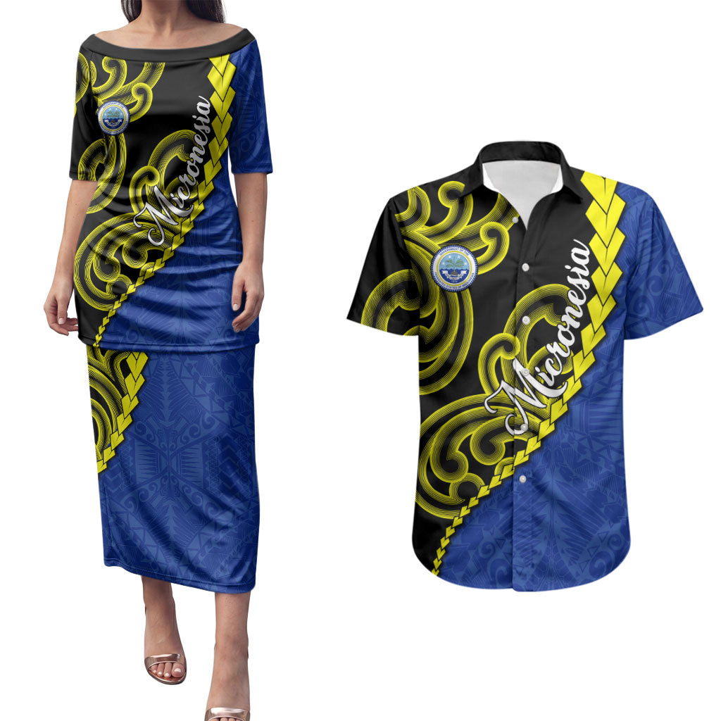 Federated States Of Micronesia FSM Couples Matching Puletasi and Hawaiian Shirt Pacific Islander Tribal Swirl Geometric Pattern