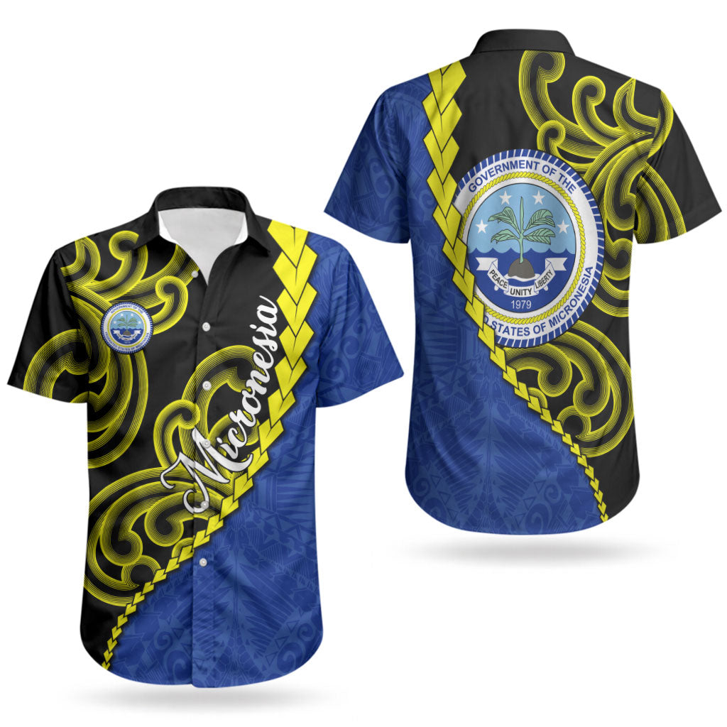 Federated States Of Micronesia FSM Couples Matching Puletasi and Hawaiian Shirt Pacific Islander Tribal Swirl Geometric Pattern