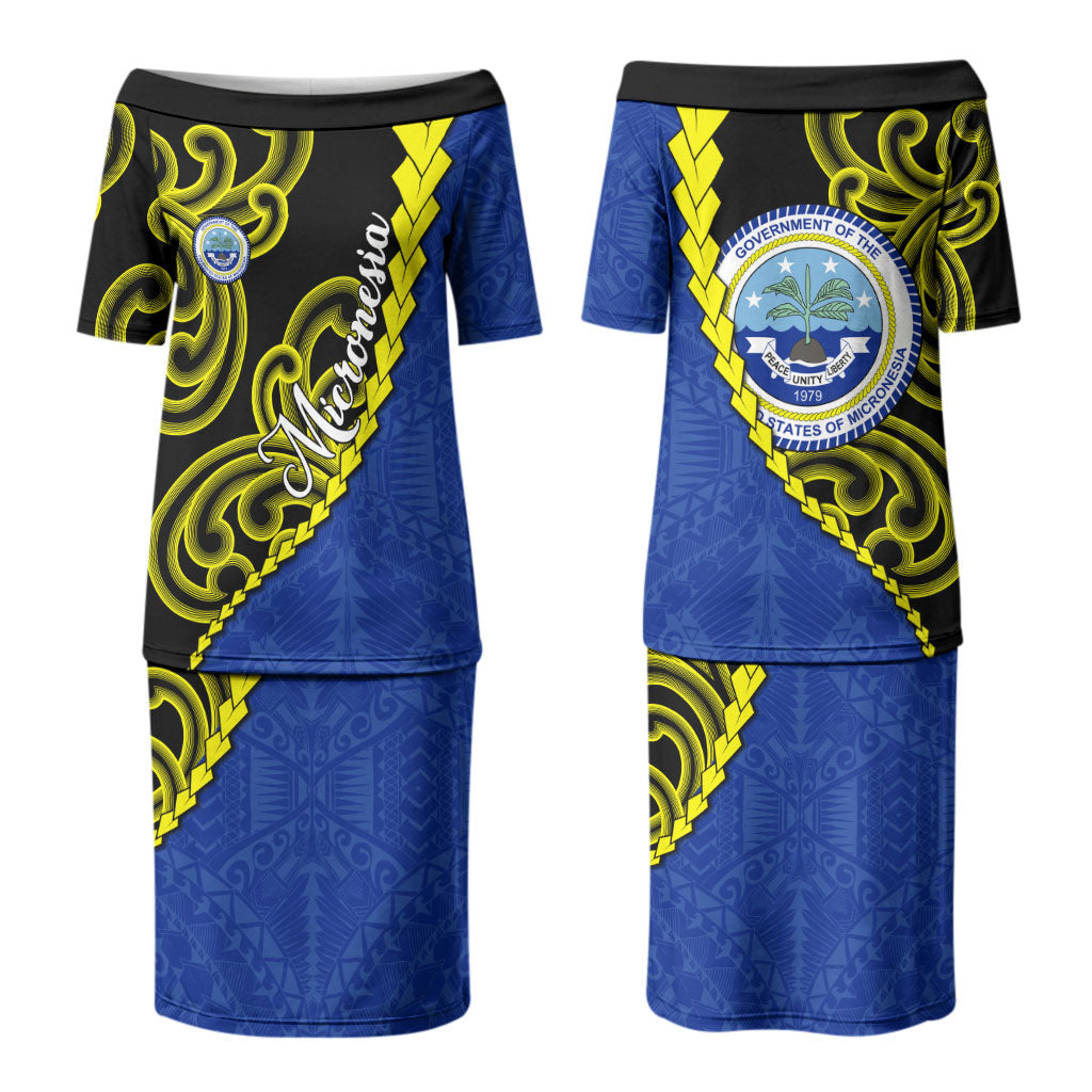 Federated States Of Micronesia FSM Couples Matching Puletasi and Hawaiian Shirt Pacific Islander Tribal Swirl Geometric Pattern