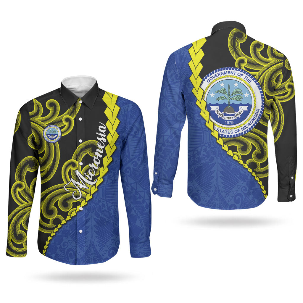 Federated States Of Micronesia FSM Couples Matching Puletasi and Long Sleeve Button Shirt Pacific Islander Tribal Swirl Geometric Pattern