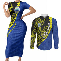 Federated States Of Micronesia FSM Couples Matching Short Sleeve Bodycon Dress and Long Sleeve Button Shirt Pacific Islander Tribal Swirl Geometric Pattern