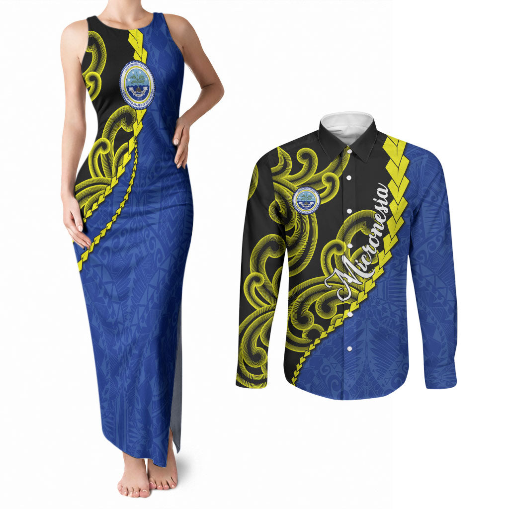 Federated States Of Micronesia FSM Couples Matching Tank Maxi Dress and Long Sleeve Button Shirt Pacific Islander Tribal Swirl Geometric Pattern TS04 Black Blue - Polynesian Pride
