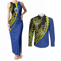 Federated States Of Micronesia FSM Couples Matching Tank Maxi Dress and Long Sleeve Button Shirt Pacific Islander Tribal Swirl Geometric Pattern