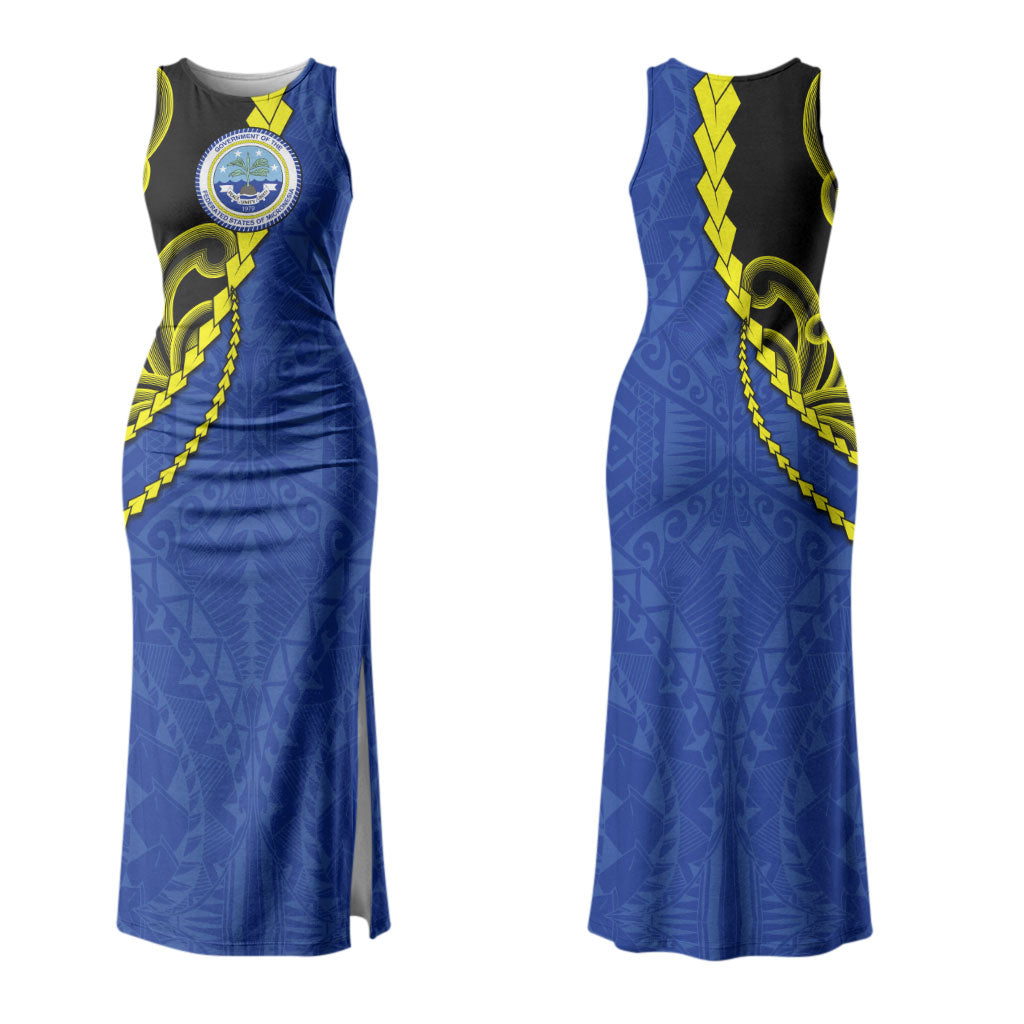 Federated States Of Micronesia FSM Couples Matching Tank Maxi Dress and Long Sleeve Button Shirt Pacific Islander Tribal Swirl Geometric Pattern
