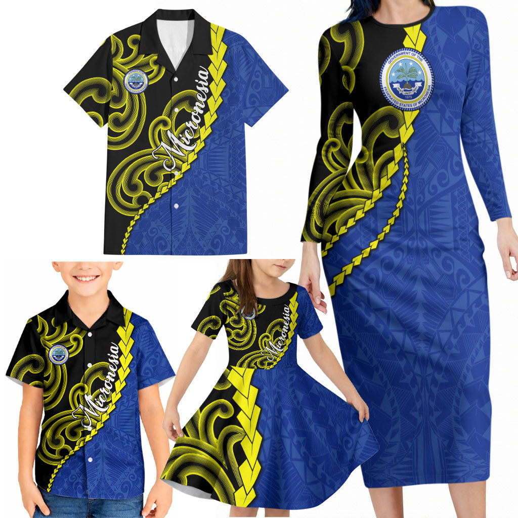 Federated States Of Micronesia FSM Family Matching Long Sleeve Bodycon Dress and Hawaiian Shirt Pacific Islander Tribal Swirl Geometric Pattern