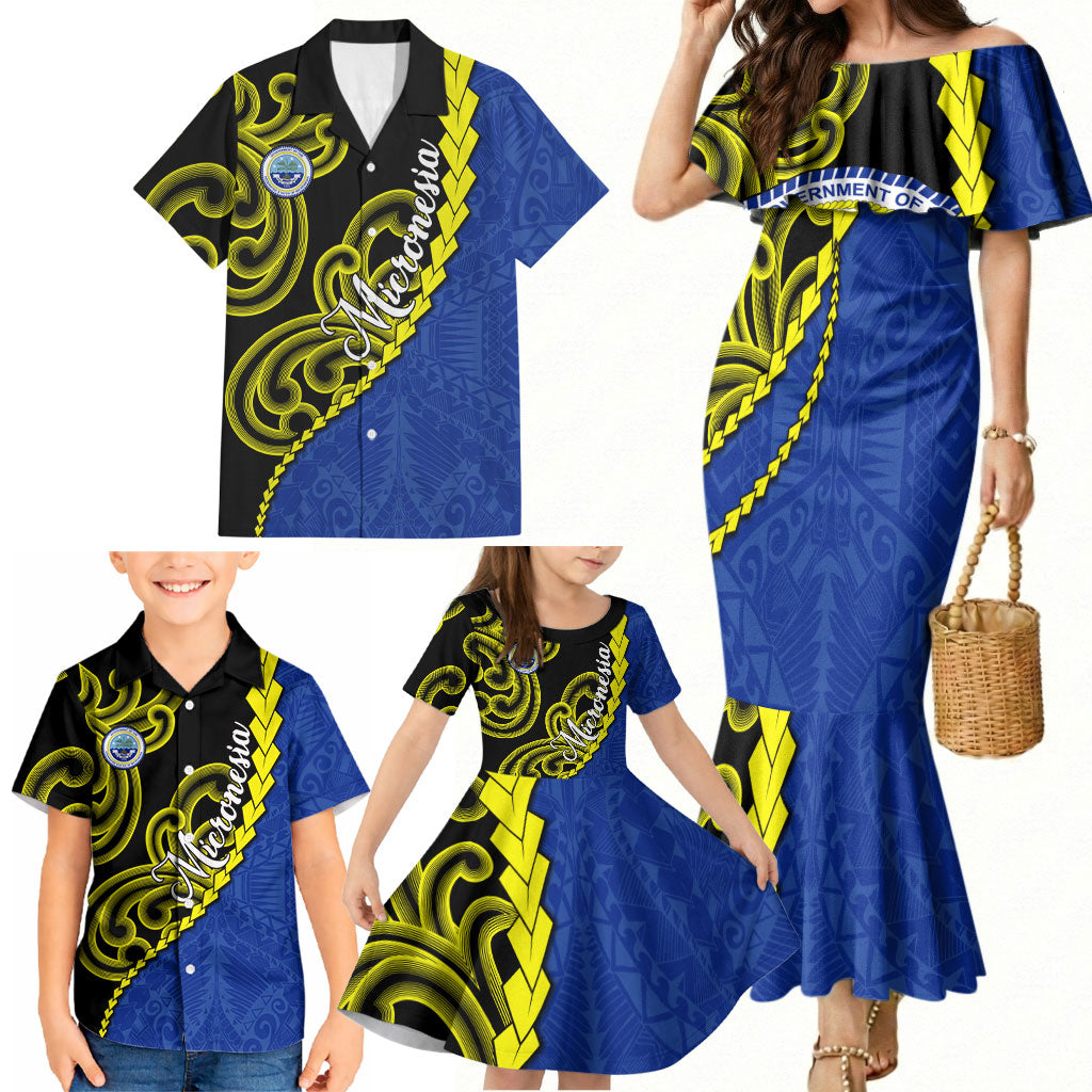 Federated States Of Micronesia FSM Family Matching Mermaid Dress and Hawaiian Shirt Pacific Islander Tribal Swirl Geometric Pattern