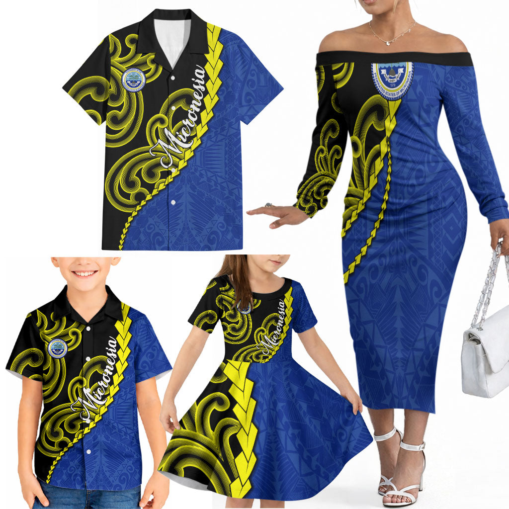 Federated States Of Micronesia FSM Family Matching Off The Shoulder Long Sleeve Dress and Hawaiian Shirt Pacific Islander Tribal Swirl Geometric Pattern