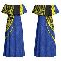 Federated States Of Micronesia FSM Family Matching Off Shoulder Maxi Dress and Hawaiian Shirt Pacific Islander Tribal Swirl Geometric Pattern