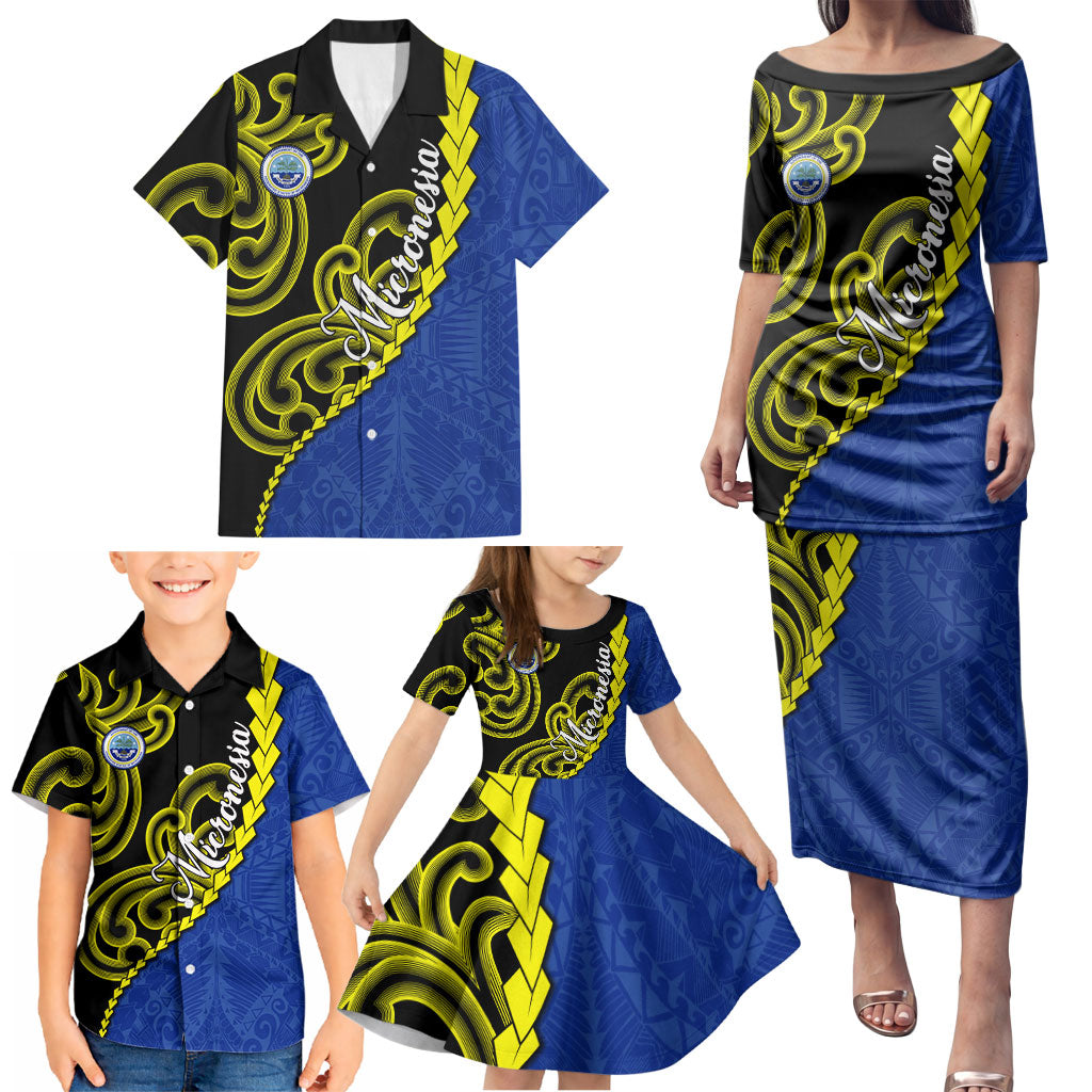 Federated States Of Micronesia FSM Family Matching Puletasi and Hawaiian Shirt Pacific Islander Tribal Swirl Geometric Pattern
