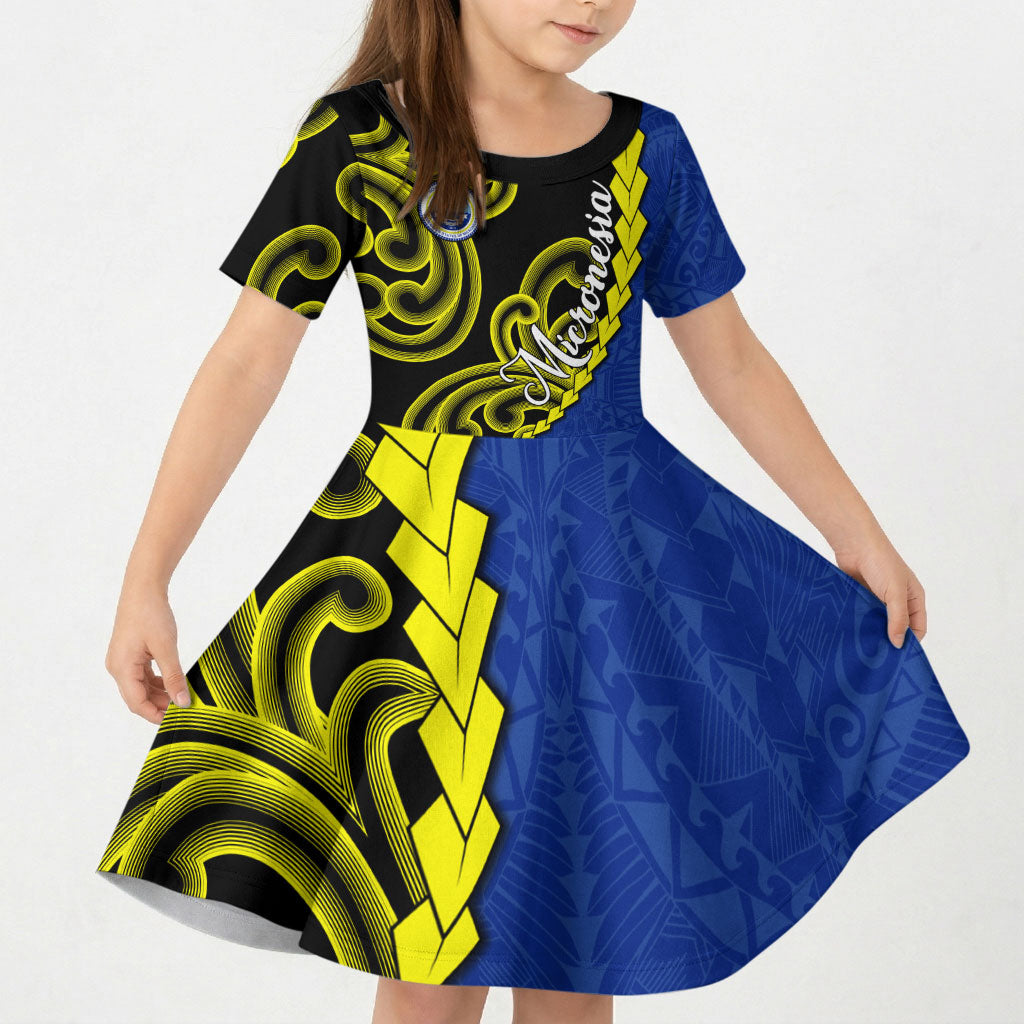 Federated States Of Micronesia FSM Kid Short Sleeve Dress Pacific Islander Tribal Swirl Geometric Pattern