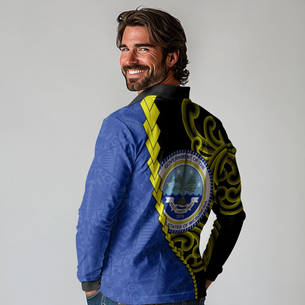 Federated States Of Micronesia FSM Long Sleeve Polo Shirt Pacific Islander Tribal Swirl Geometric Pattern