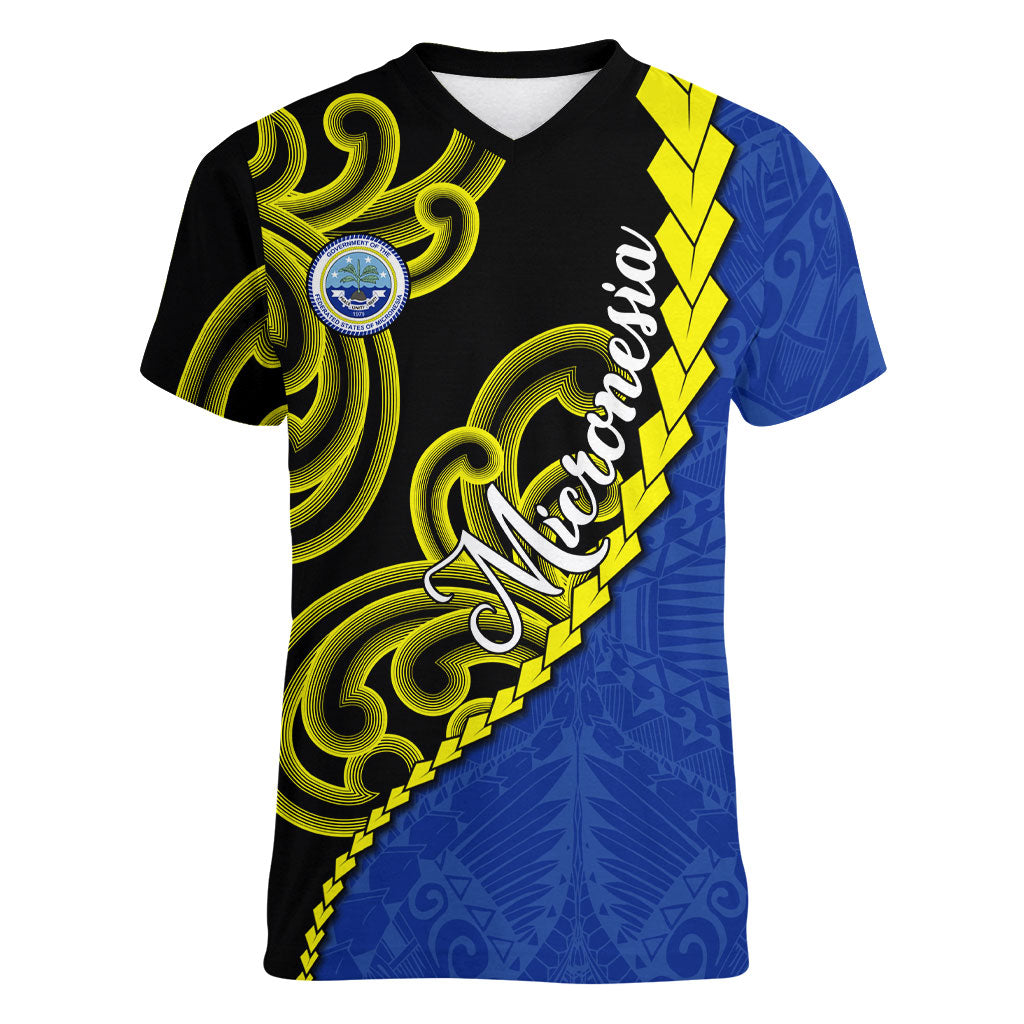 Federated States Of Micronesia FSM Women V-Neck T-Shirt Pacific Islander Tribal Swirl Geometric Pattern