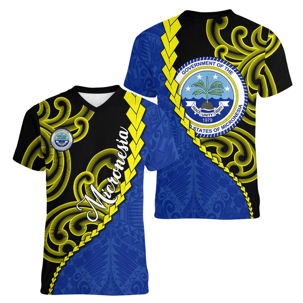 Federated States Of Micronesia FSM Women V-Neck T-Shirt Pacific Islander Tribal Swirl Geometric Pattern