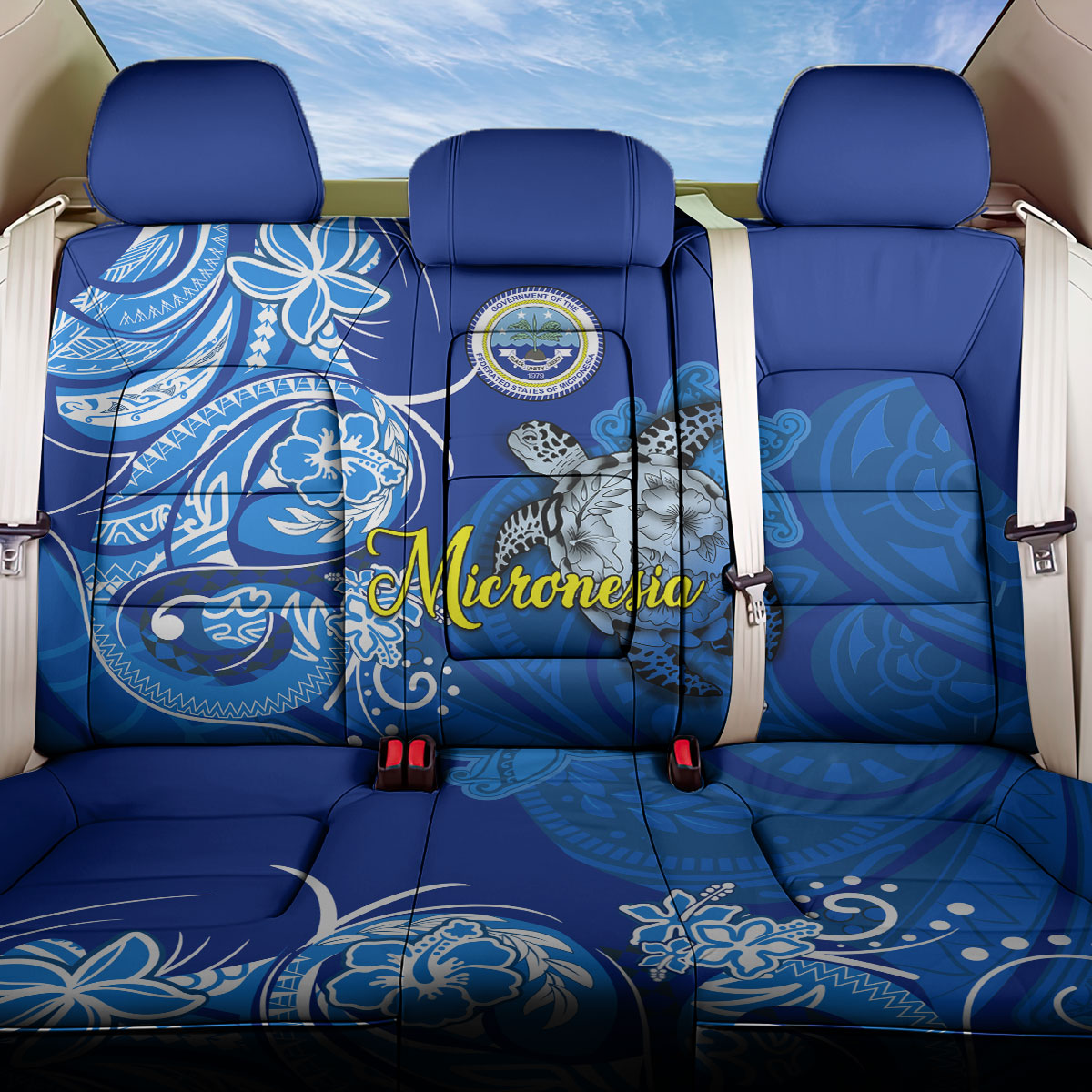 Micronesia Sea Turtle Back Car Seat Cover Federated States Of Micronesia Tribal Floral Pattern TS04 One Size Blue White - Polynesian Pride