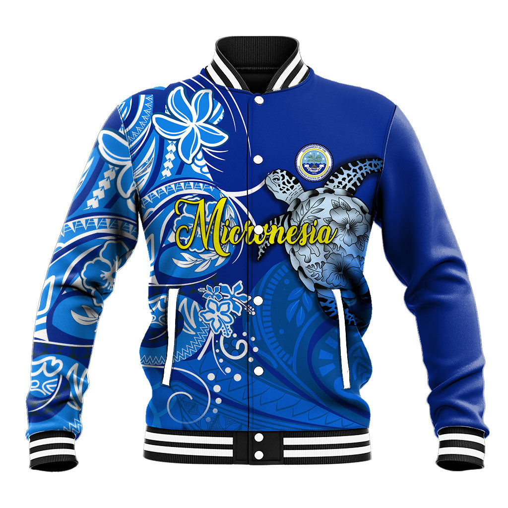 Micronesia Sea Turtle Baseball Jacket Federated States Of Micronesia Tribal Floral Pattern TS04 Unisex Blue White - Polynesian Pride