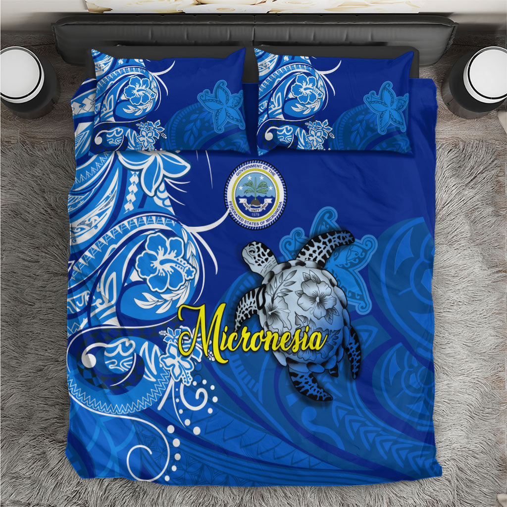 Micronesia Sea Turtle Bedding Set Federated States Of Micronesia Tribal Floral Pattern TS04 Blue White - Polynesian Pride