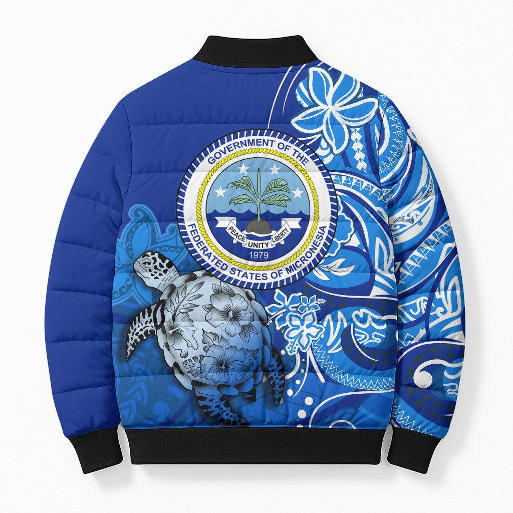 Micronesia Sea Turtle Bomber Puffer Jacket Federated States Of Micronesia Tribal Floral Pattern