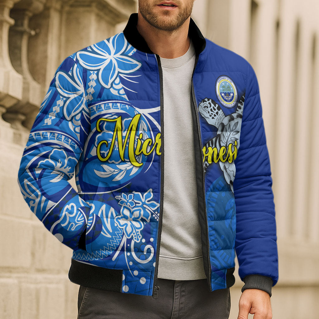 Micronesia Sea Turtle Bomber Puffer Jacket Federated States Of Micronesia Tribal Floral Pattern