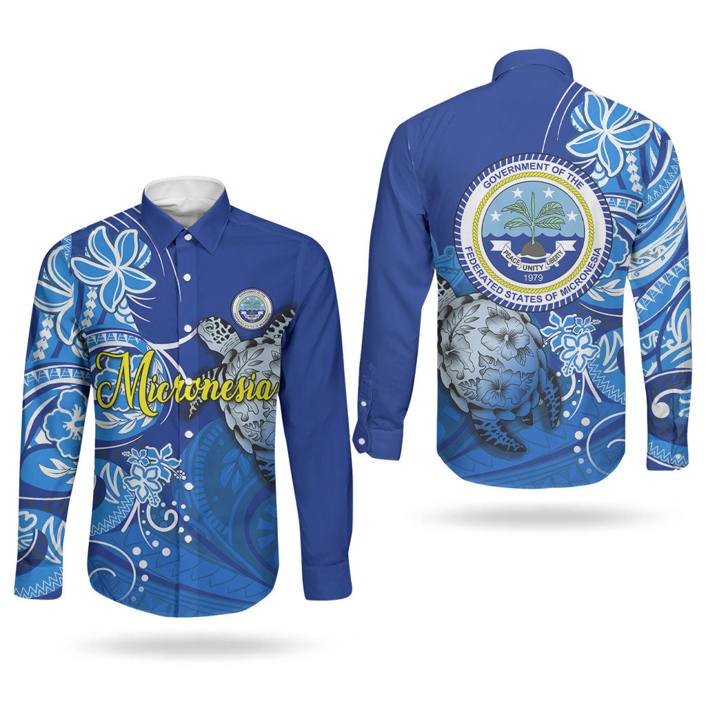 Micronesia Sea Turtle Couples Matching Long Sleeve Bodycon Dress and Long Sleeve Button Shirt Federated States Of Micronesia Tribal Floral Pattern