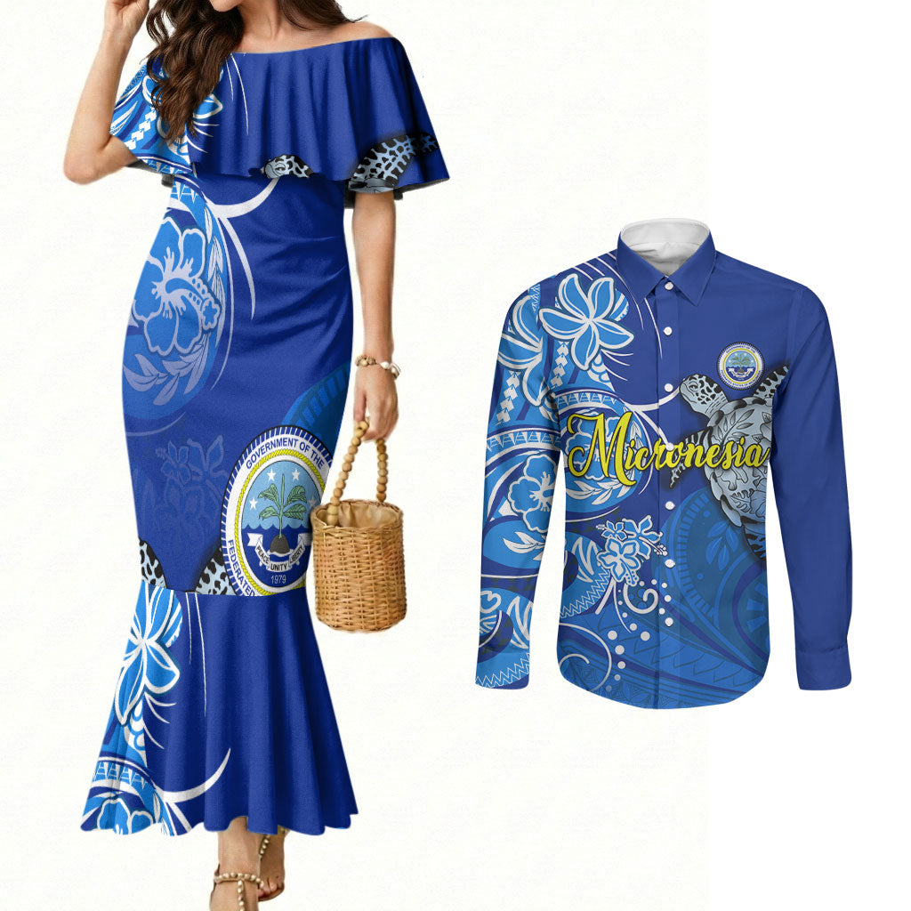 Micronesia Sea Turtle Couples Matching Mermaid Dress and Long Sleeve Button Shirt Federated States Of Micronesia Tribal Floral Pattern