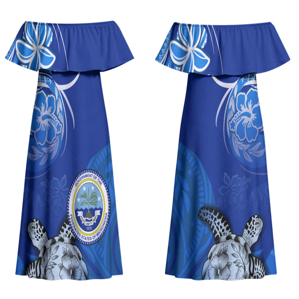 Micronesia Sea Turtle Couples Matching Off Shoulder Maxi Dress and Long Sleeve Button Shirt Federated States Of Micronesia Tribal Floral Pattern