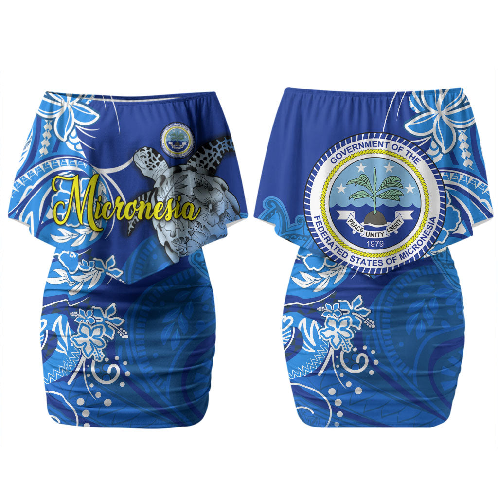 Micronesia Sea Turtle Couples Matching Off Shoulder Short Dress and Hawaiian Shirt Federated States Of Micronesia Tribal Floral Pattern