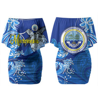 Micronesia Sea Turtle Couples Matching Off Shoulder Short Dress and Hawaiian Shirt Federated States Of Micronesia Tribal Floral Pattern