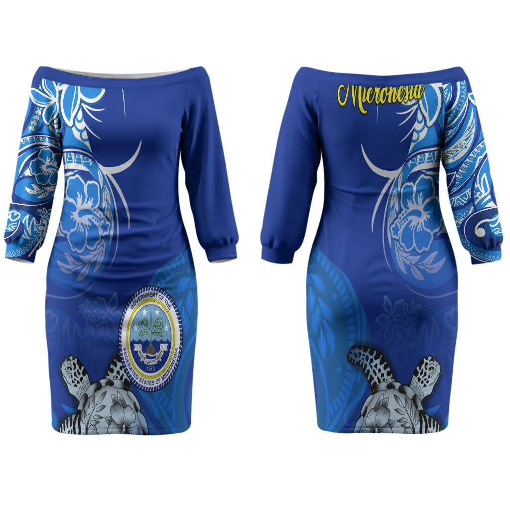 Micronesia Sea Turtle Couples Matching Off The Shoulder Long Sleeve Dress and Hawaiian Shirt Federated States Of Micronesia Tribal Floral Pattern