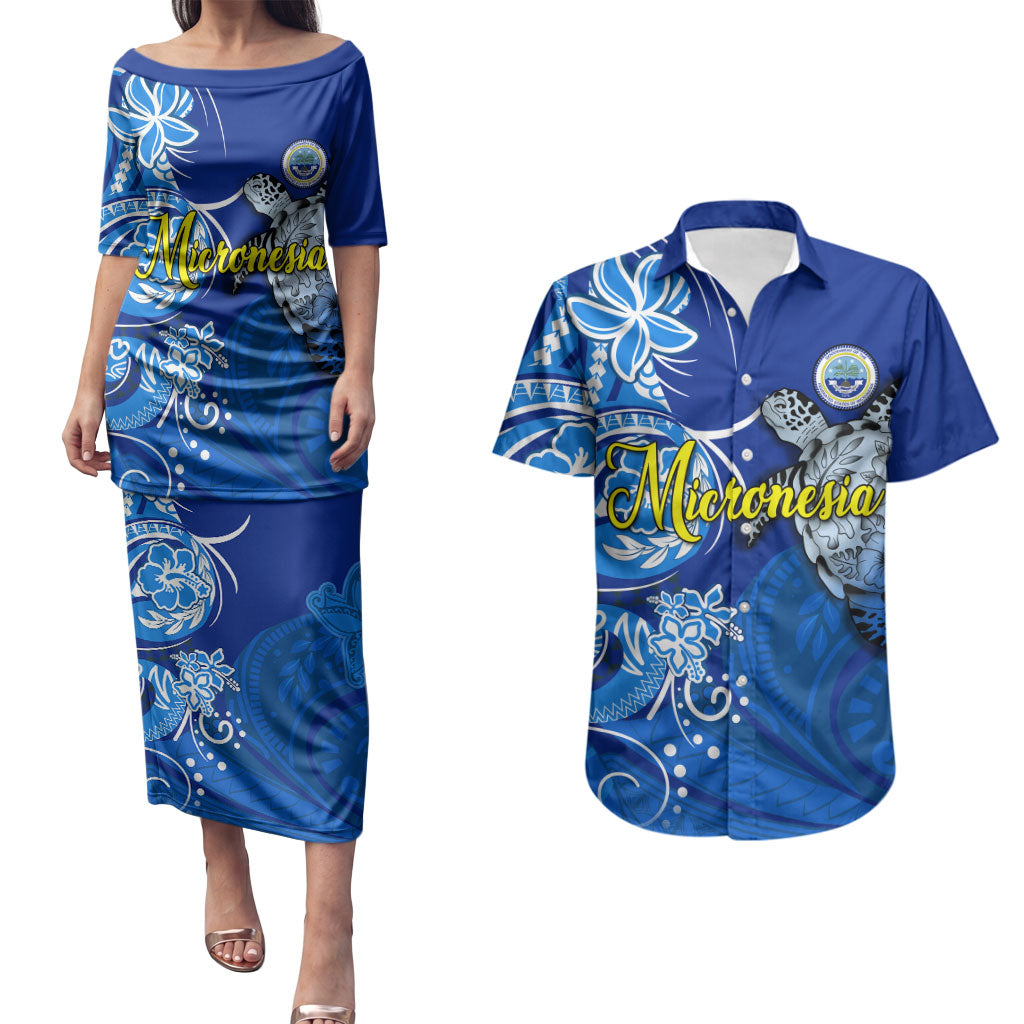Micronesia Sea Turtle Couples Matching Puletasi and Hawaiian Shirt Federated States Of Micronesia Tribal Floral Pattern