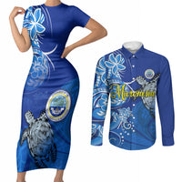 Micronesia Sea Turtle Couples Matching Short Sleeve Bodycon Dress and Long Sleeve Button Shirt Federated States Of Micronesia Tribal Floral Pattern