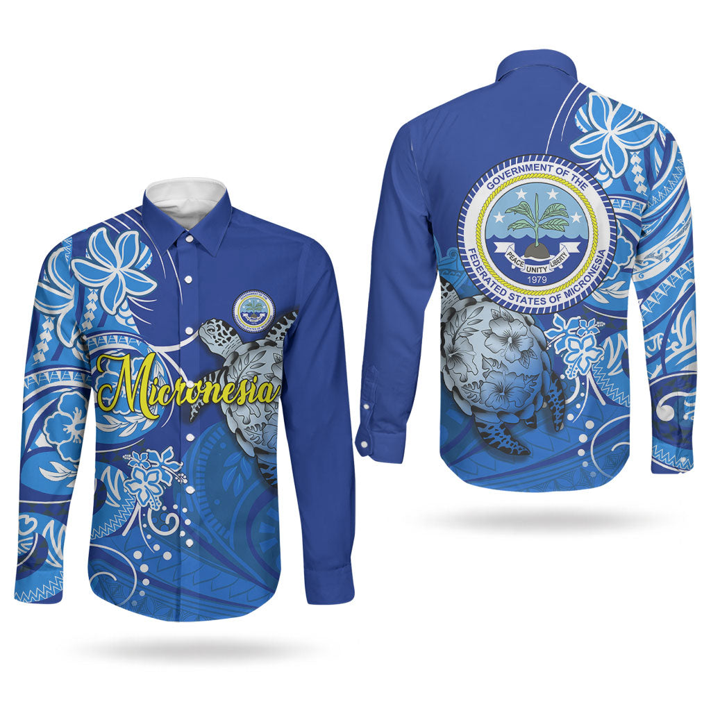 Micronesia Sea Turtle Couples Matching Summer Maxi Dress and Long Sleeve Button Shirt Federated States Of Micronesia Tribal Floral Pattern