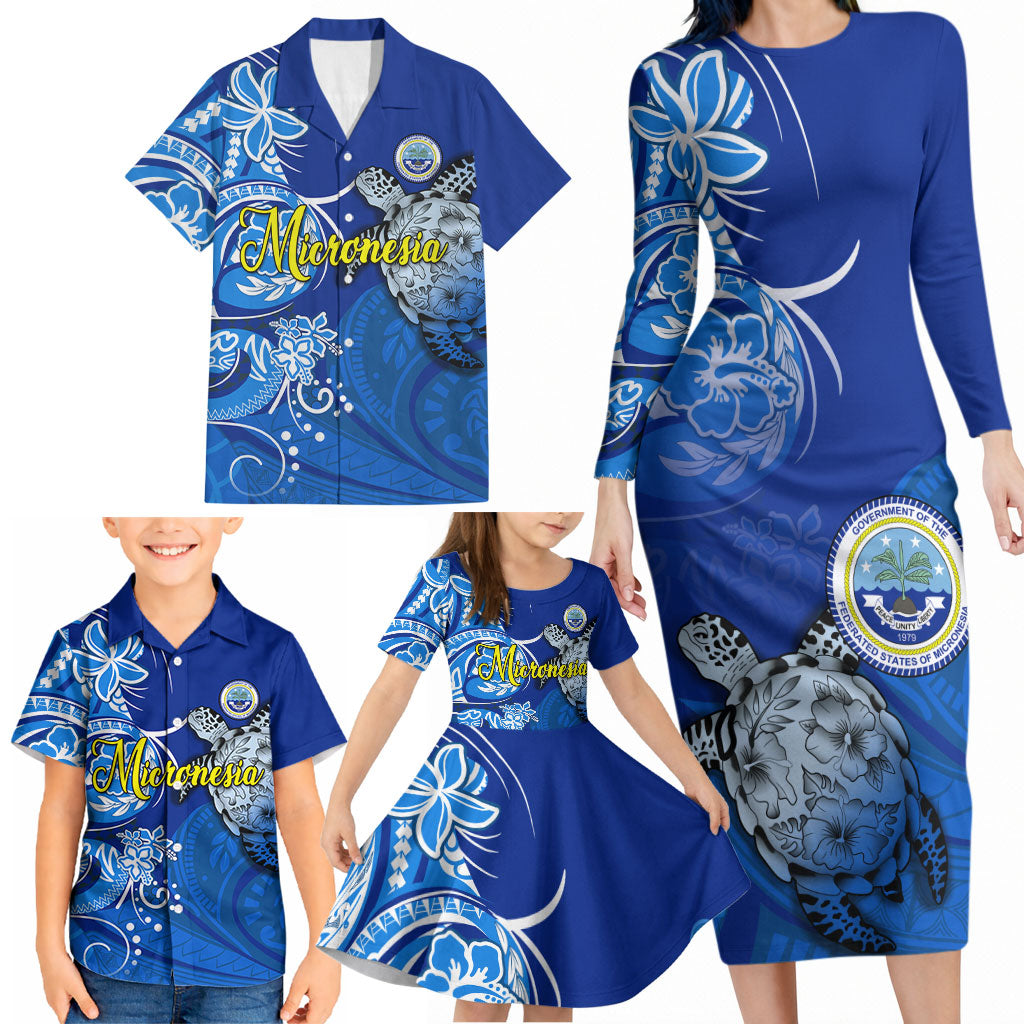 Micronesia Sea Turtle Family Matching Long Sleeve Bodycon Dress and Hawaiian Shirt Federated States Of Micronesia Tribal Floral Pattern