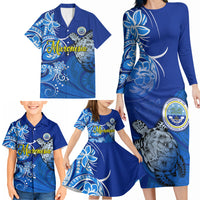 Micronesia Sea Turtle Family Matching Long Sleeve Bodycon Dress and Hawaiian Shirt Federated States Of Micronesia Tribal Floral Pattern
