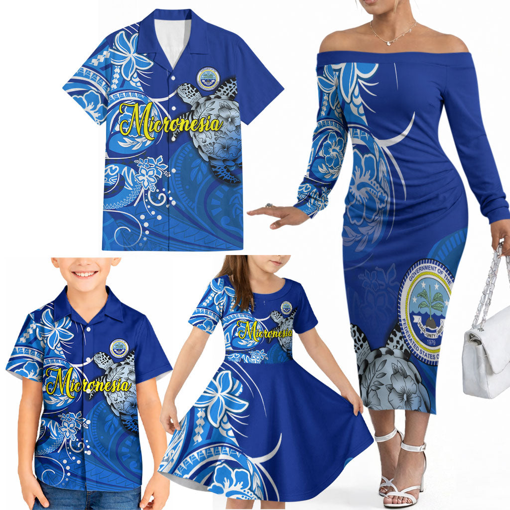 Micronesia Sea Turtle Family Matching Off The Shoulder Long Sleeve Dress and Hawaiian Shirt Federated States Of Micronesia Tribal Floral Pattern
