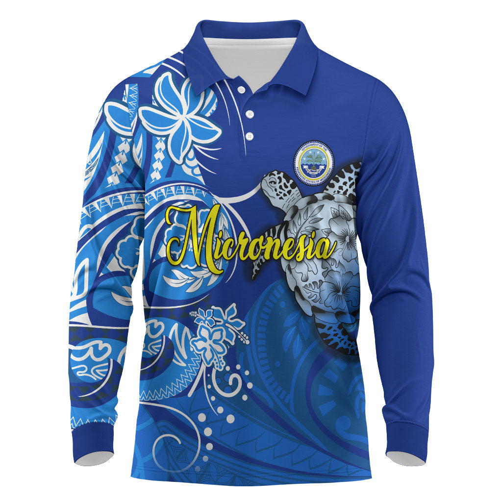 Micronesia Sea Turtle Long Sleeve Polo Shirt Federated States Of Micronesia Tribal Floral Pattern