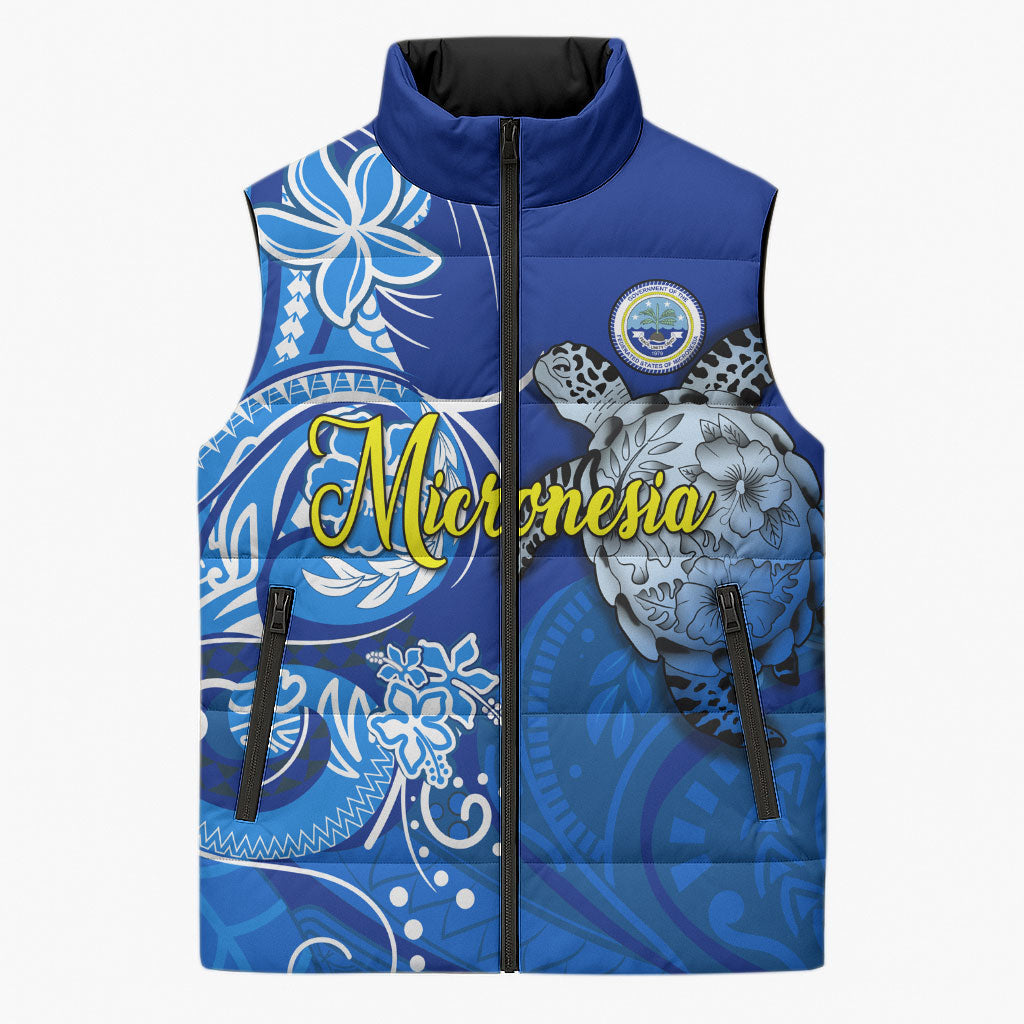 Micronesia Sea Turtle Sleeveless Puffer Jacket Federated States Of Micronesia Tribal Floral Pattern