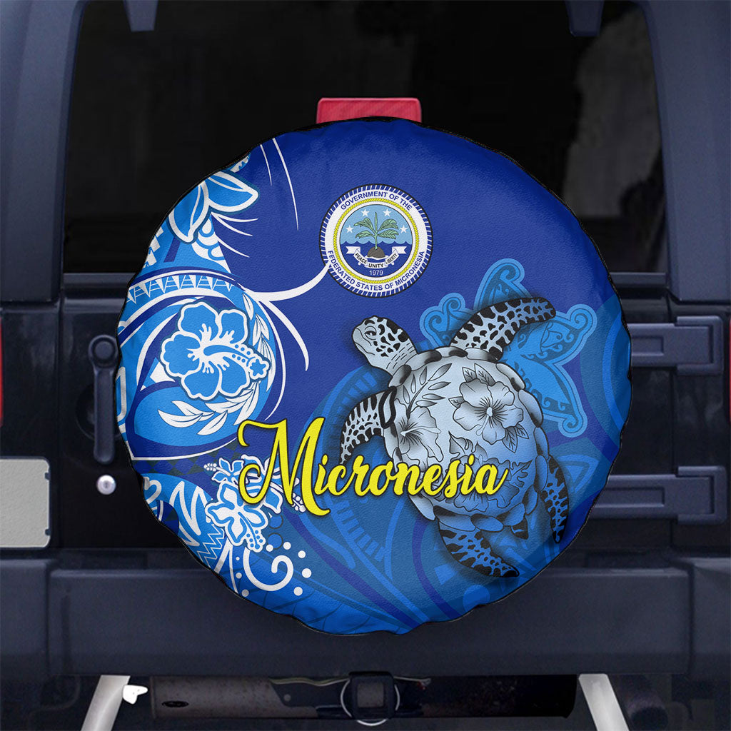 Micronesia Sea Turtle Spare Tire Cover Federated States Of Micronesia Tribal Floral Pattern TS04 No hole Blue White - Polynesian Pride