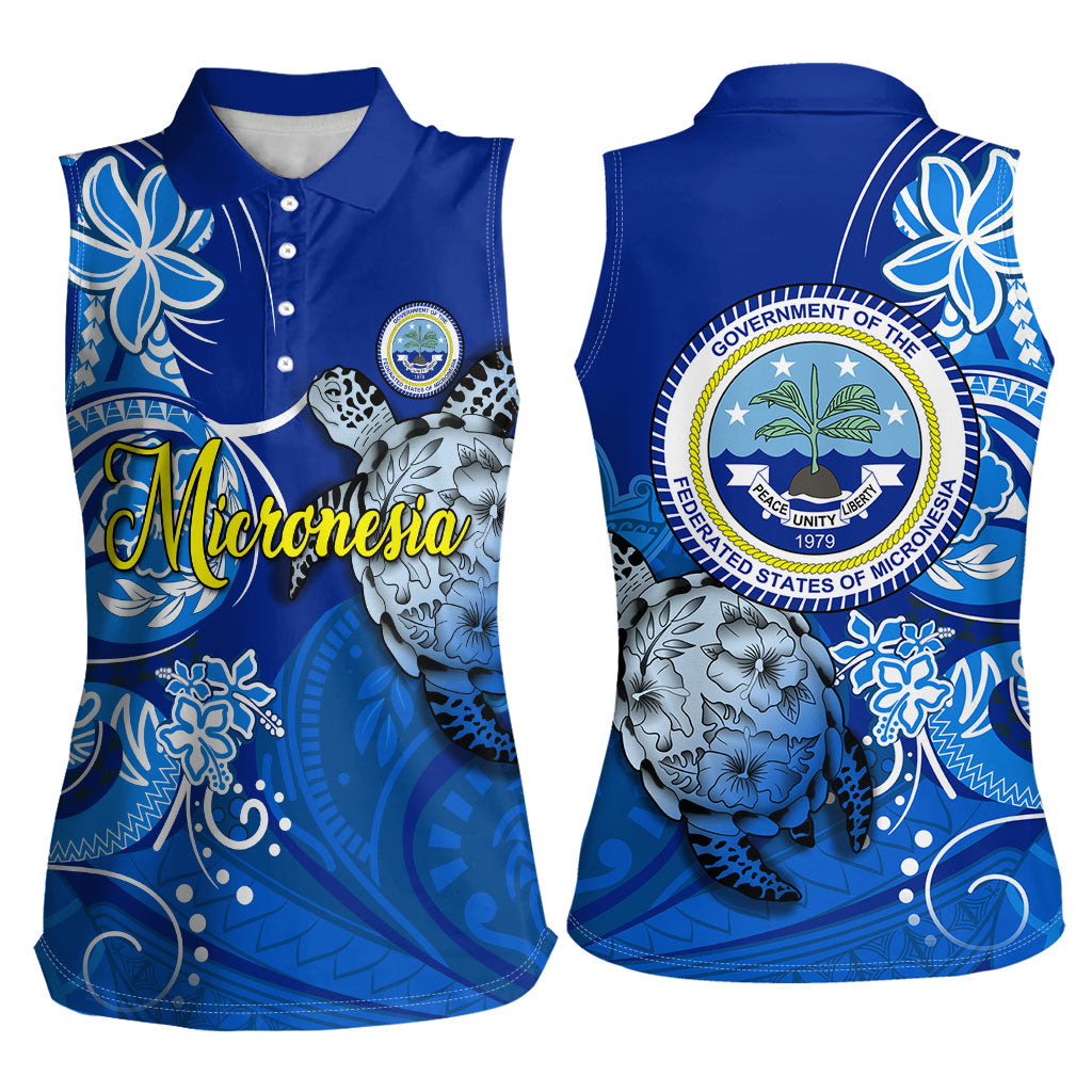 Micronesia Sea Turtle Women Sleeveless Polo Shirt Federated States Of Micronesia Tribal Floral Pattern
