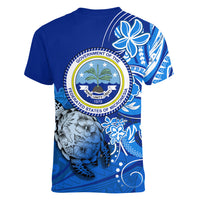 Micronesia Sea Turtle Women V-Neck T-Shirt Federated States Of Micronesia Tribal Floral Pattern