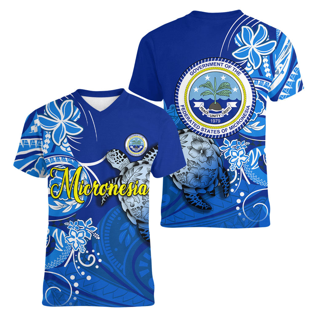 Micronesia Sea Turtle Women V-Neck T-Shirt Federated States Of Micronesia Tribal Floral Pattern