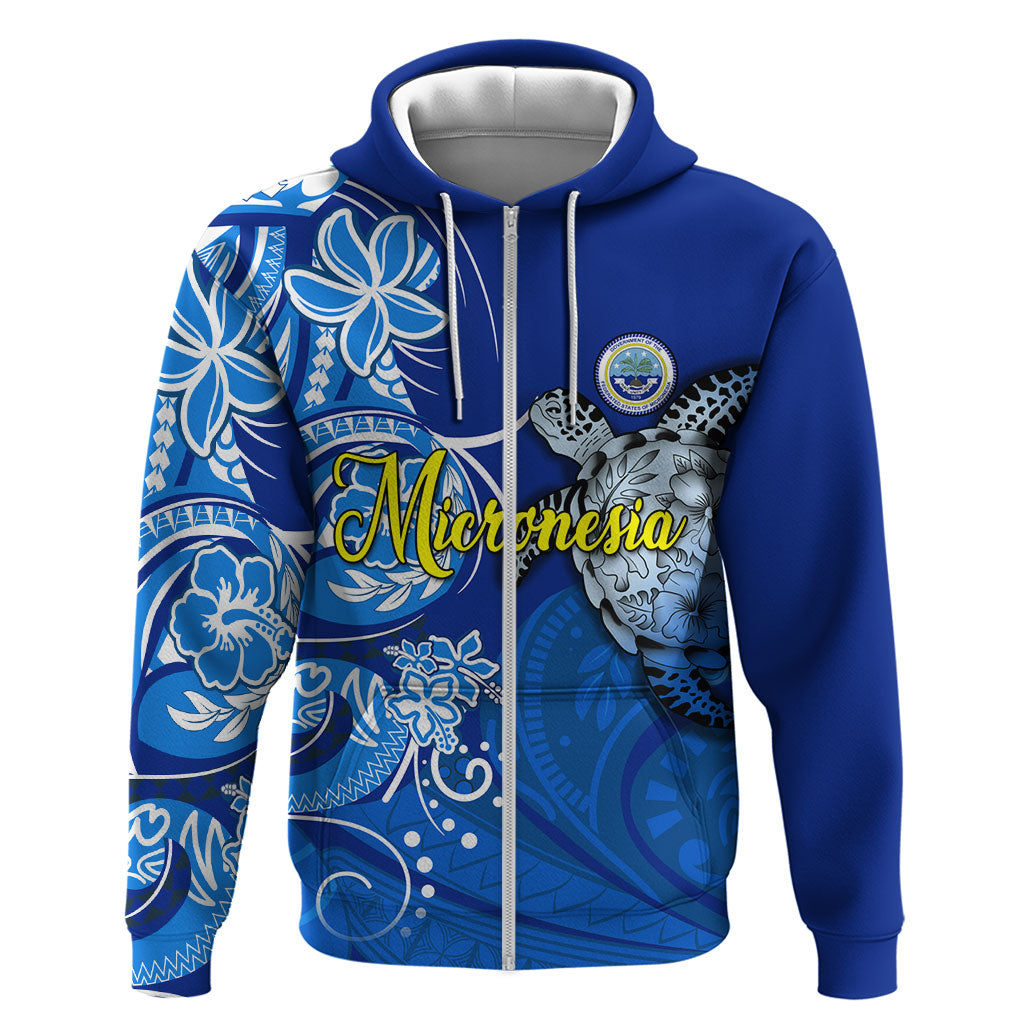 Micronesia Sea Turtle Zip Hoodie Federated States Of Micronesia Tribal Floral Pattern