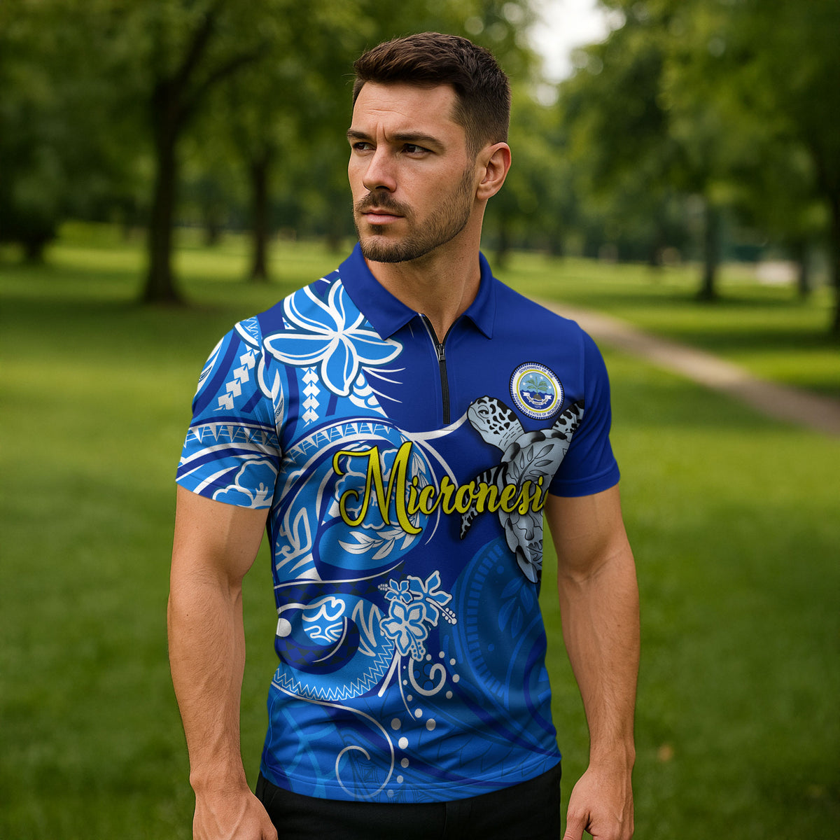 Micronesia Sea Turtle Zipper Polo Shirt Federated States Of Micronesia Tribal Floral Pattern