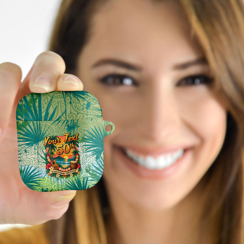 Personalized Polynesia 50th Birthday AirPods Case Vintage Hawaiian Floral Ukulele Tropical Sunset Art TS04 - Polynesian Pride