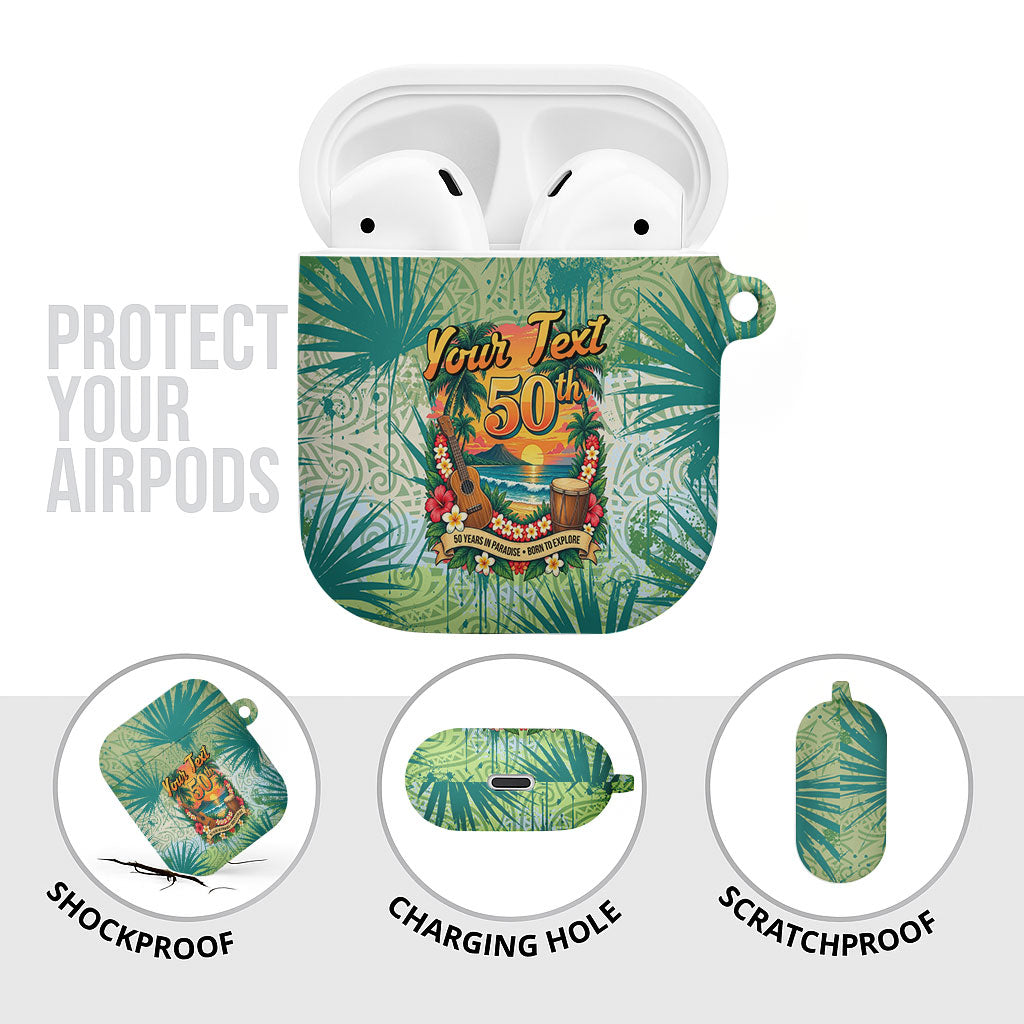Personalized Polynesia 50th Birthday AirPods Case Vintage Hawaiian Floral Ukulele Tropical Sunset Art TS04 - Polynesian Pride