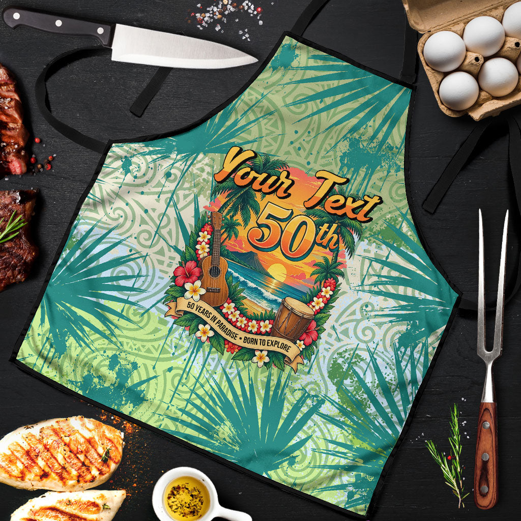 Personalized Polynesia 50th Birthday Apron Vintage Hawaiian Floral Ukulele Tropical Sunset Art TS04 Green - Polynesian Pride